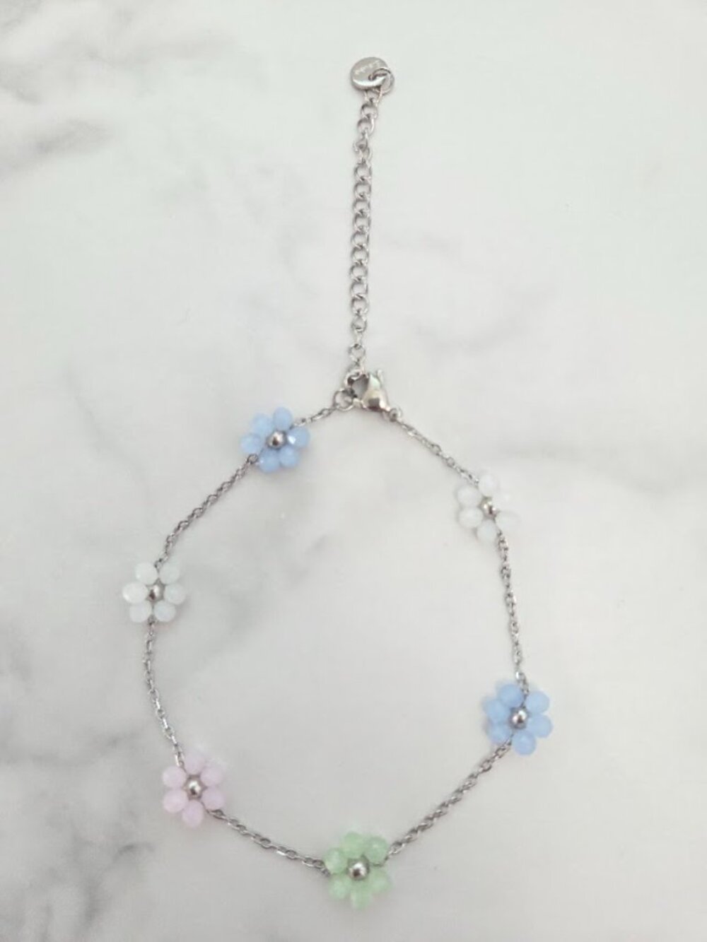 Dainty Pastel Flower Anklet Silver Tone Pink Blue Green Floral Ankle Bracelet - Picture 12 of 17